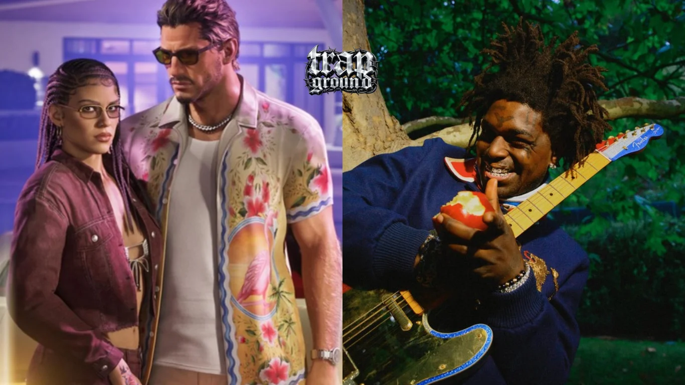 Still de GTA 6 à esquerda, Kodak Black à direita, logo Trapground no meio