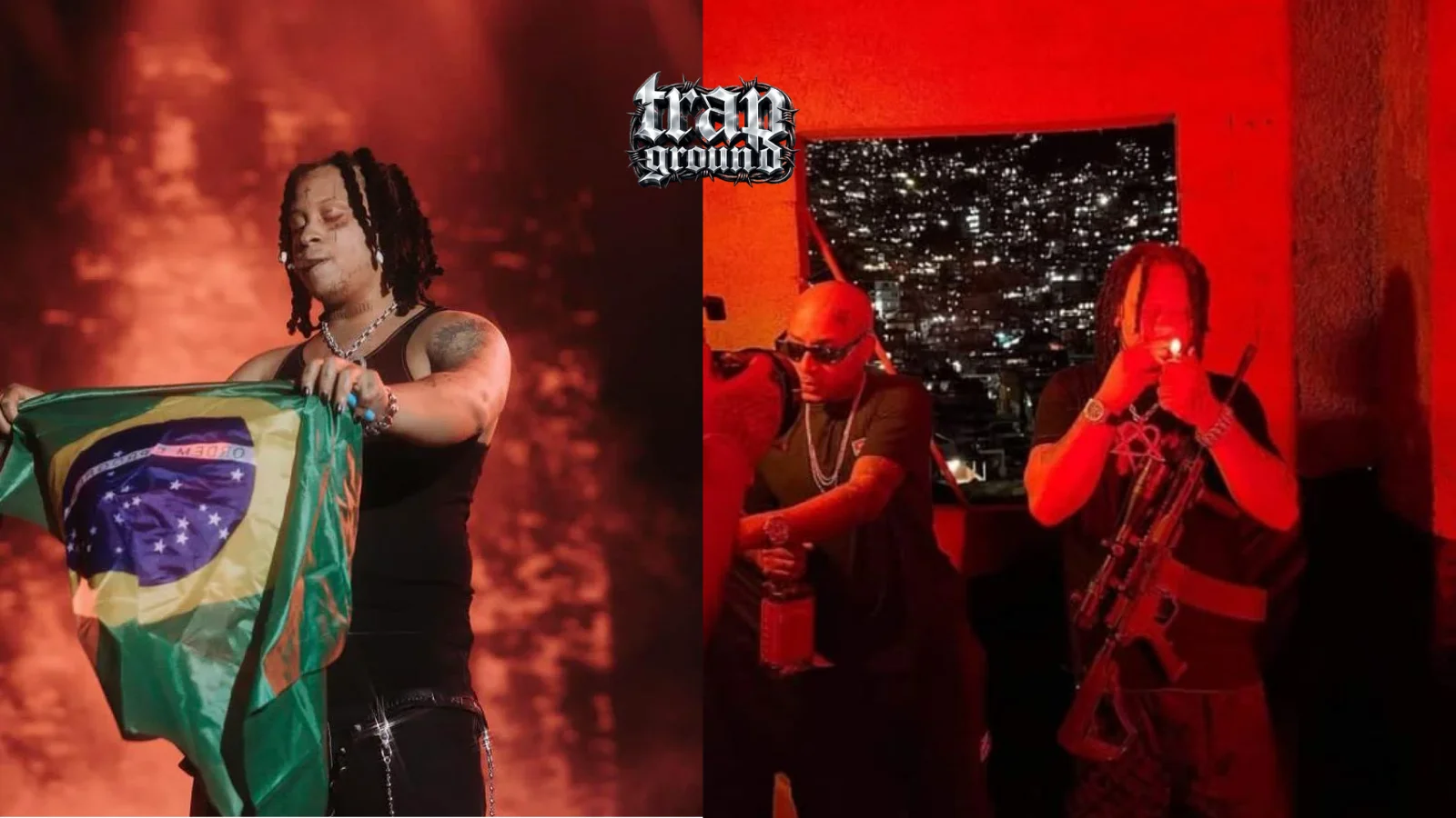 Trippie Redd no Brasil: no primeiro momento ele aparece no palco do CENA 2K22 segurando a bandeira do Brasil com orgulho, e na segunda foto ele tá ao lado do Orochi na favela da Rocinha, com uma arma no cenário durante a gravação do clipe.